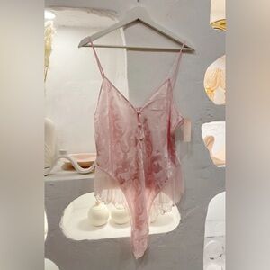 Vintage Floral Satin Button Up Lingerie Teddy Bodysuit Romper with Sheer Ruffles